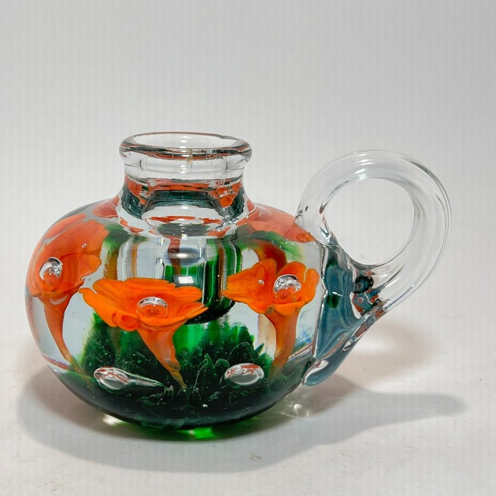 Joe St Clair Paperweight Candle Stick Holder Trumpet Bubbles Glass Flower Orange